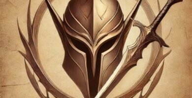 Stylized emblem featuring an elven-style helmet with a curved sword, surrounded by an intricate circular design on an aged parchment background