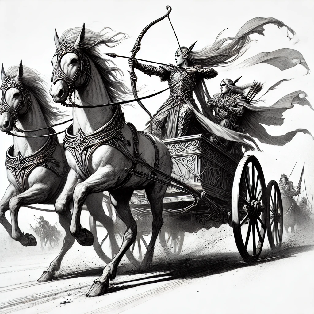 TIERLIST unidades Altos Elfos Warhammer The Old World 11 DALL·E 2025 02 21 20.11.08 A black and white ink or pencil style illustration of a High Elf Tiranoc Chariot from Warhammer Fantasy. The chariot is sleek and elegant pulled by t