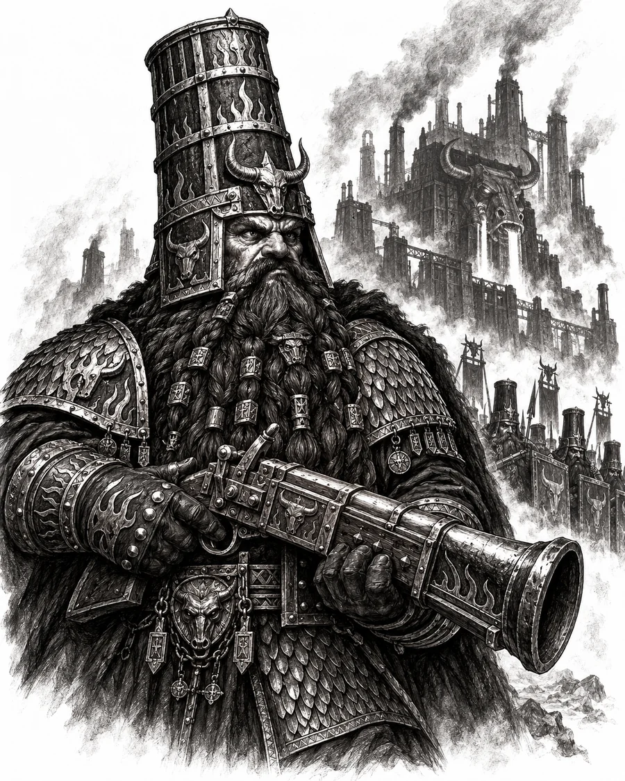 Chaos Dwarfs in Warhammer The Old World: how to play them and which miniatures to use Black-and-white ink illustration of a Chaos Dwarf with a blunderbuss, braided beard and armour, in front of an industrial fortress.