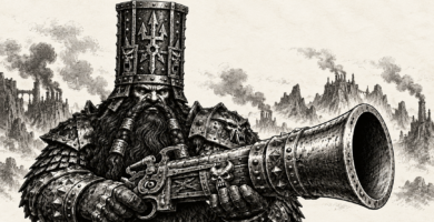 Chaos Dwarf Tier List for Warhammer The Old World (2026–2027) Enano del Caos clásico con sombrero torre de copa plana y blunderbuss de boca acampanada
